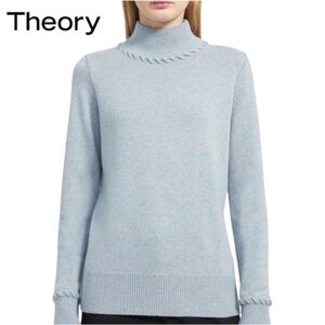 Theory Cashmere Whipstitch Light Blue Turtleneck Sweater, Size L